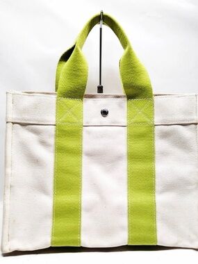 Hermes Cream Canvas Tote with Lime Green Handles